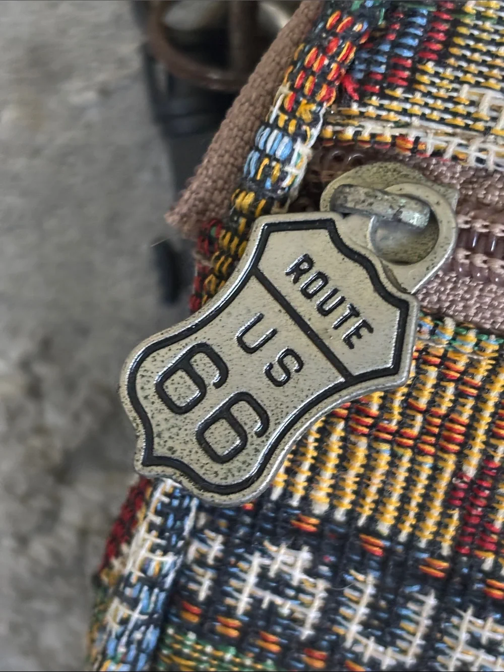 Route 66 Multicolor Tapestry Messenger Bag with Tan Strap